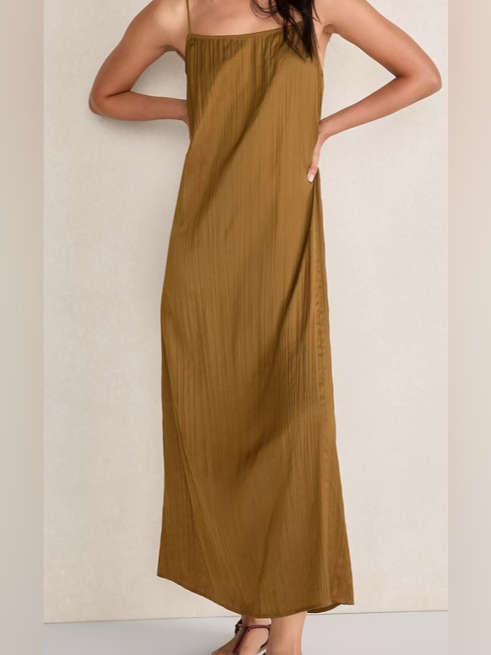 Haven Well Within Silky Pleated Maxi Dress, Dried Moss, adjustable straps; L